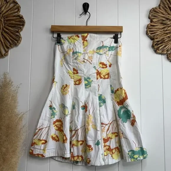 Free People floral mini dress strapless pleated spring summer cotton Medium - Picture 4 of 9